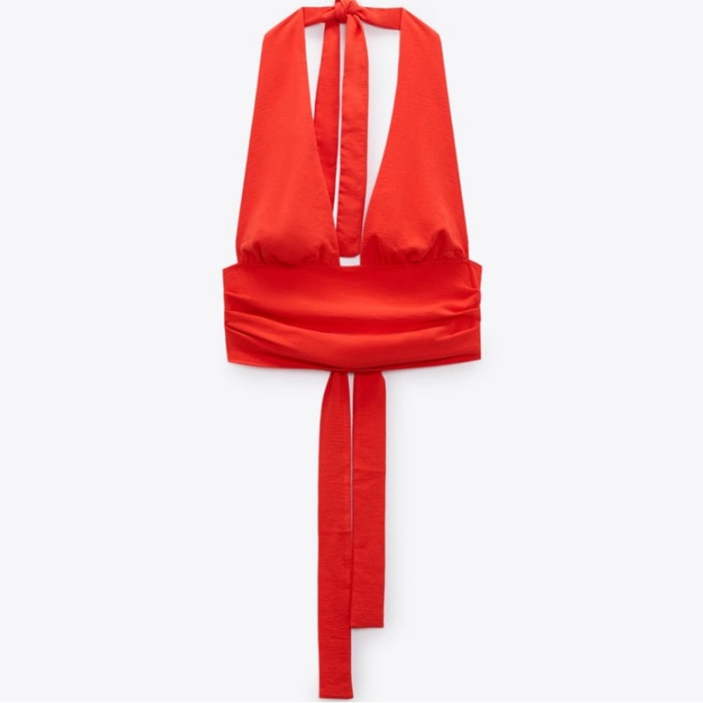 NWT Zara Knotted Halter Tie Around Top Red Self Tie Closure Medium Spring Summer